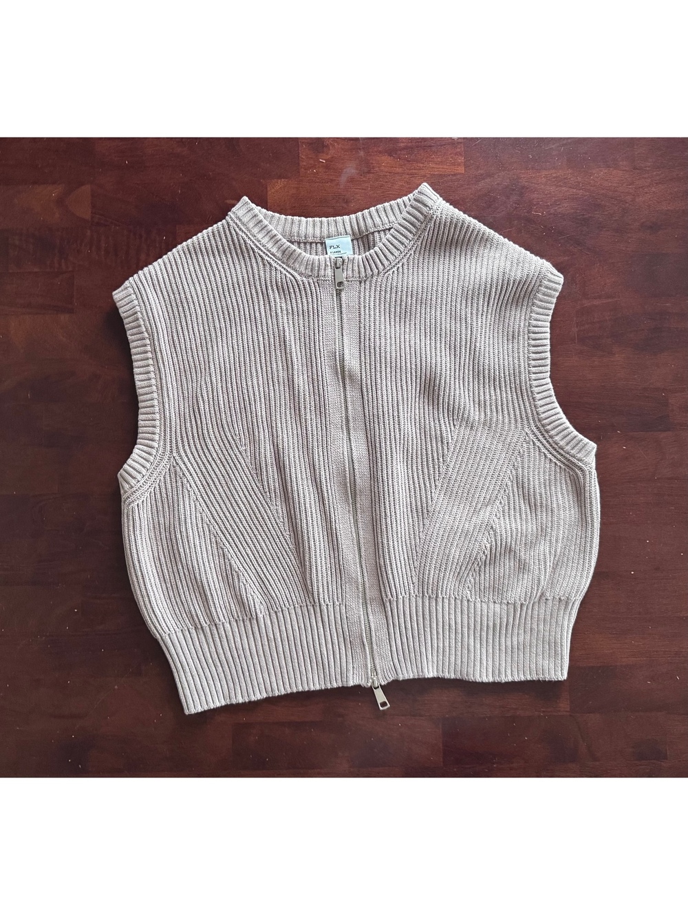 FLX XL Ribbed Knit Zip Front Sweater Vest Taupe Two Way Zip